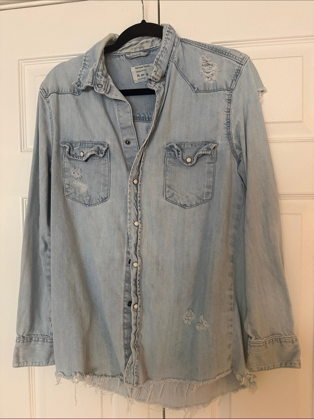 Bershka Light Blue Distressed Denim Button-Down Shirt